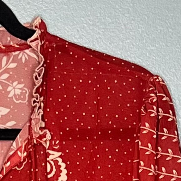 Bohera Floral Peasant Blouse Sheer Long Sleeve Ruffle Hem Tassel Tie Top XL - Picture 10 of 10